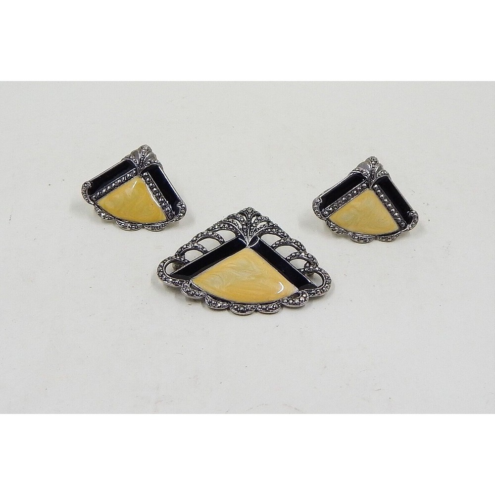 Avon Art Deco Faux Marcasite Pearlized Cream Black Enamel Fan Earrings Pin